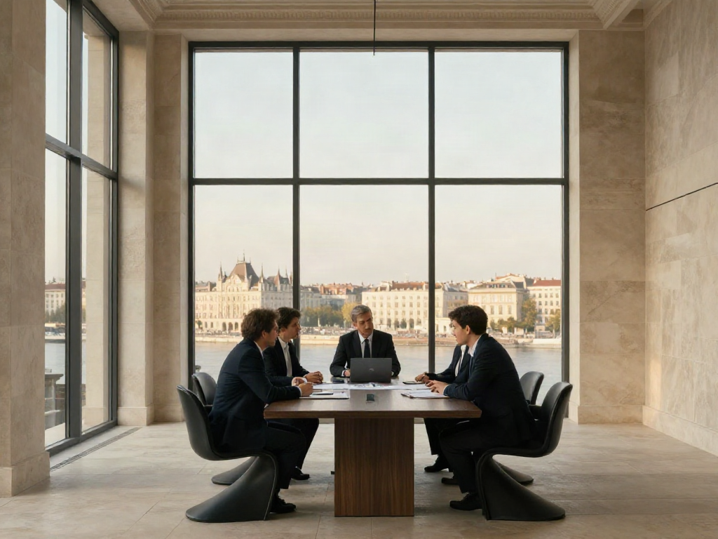 Business strategists reviewing priorities in a sunlit Budapest meeting room